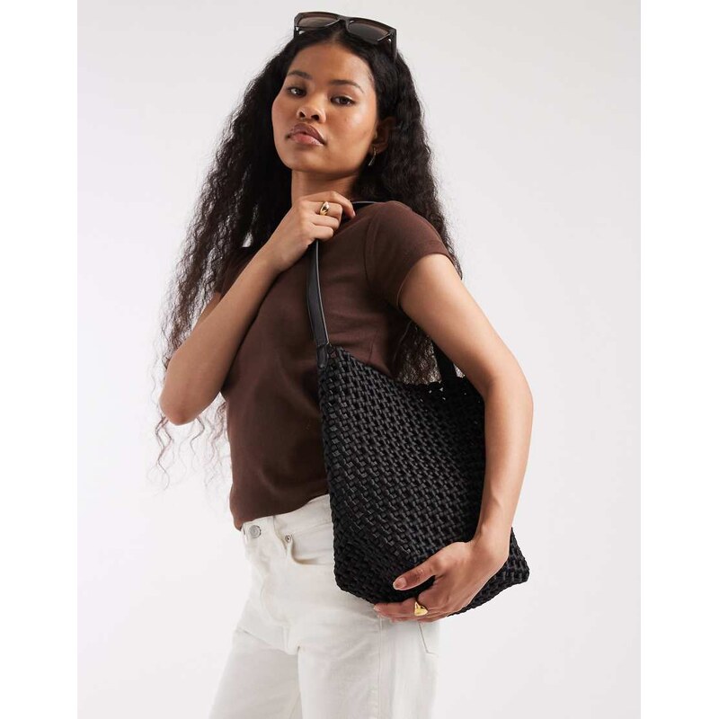 Glamorous large woven tote bag in black