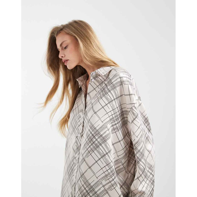 4th & Reckless satin deep cuff shirt co-ord in white check print-Multi 115519115