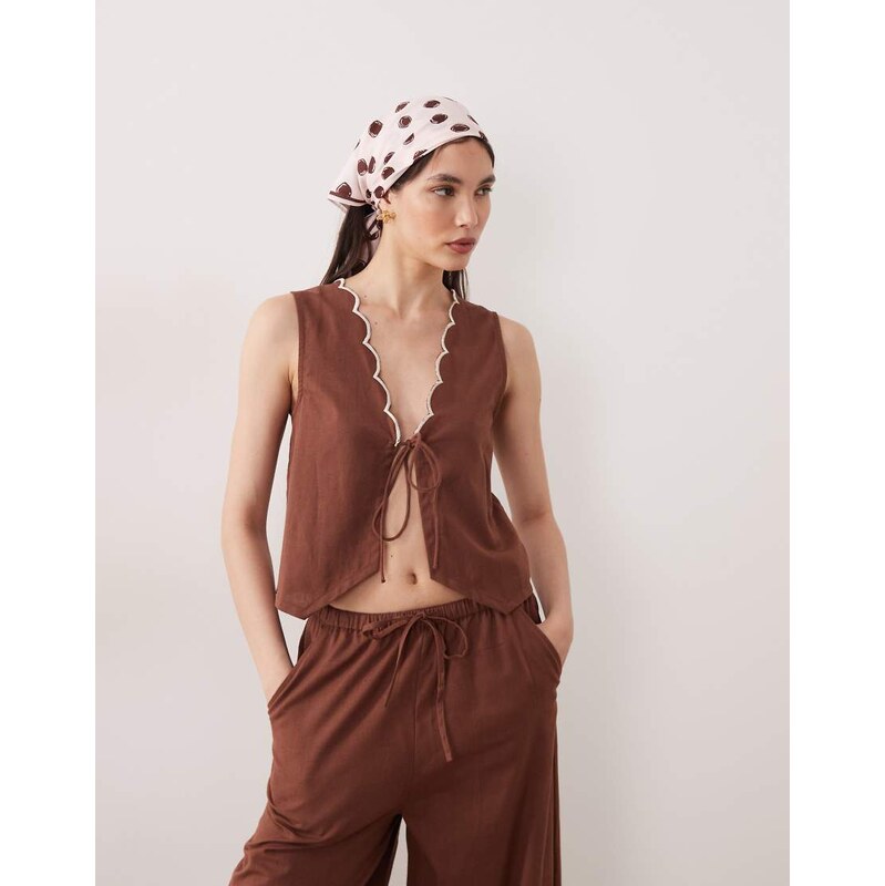 Esmee tie front beach top co-ord with cream scallop trim in brown 114343066
