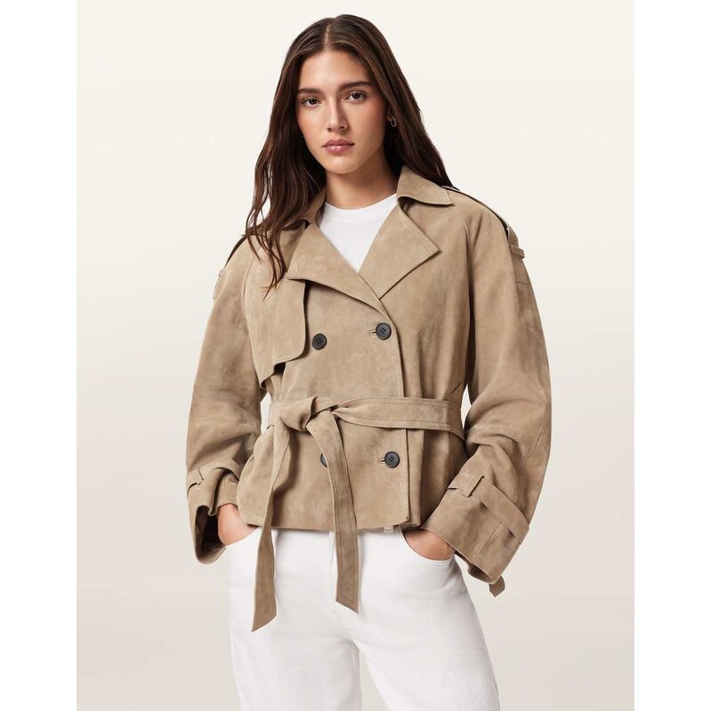 AllSaints reed short belted suede trench coat in taupe-Brown 113297303