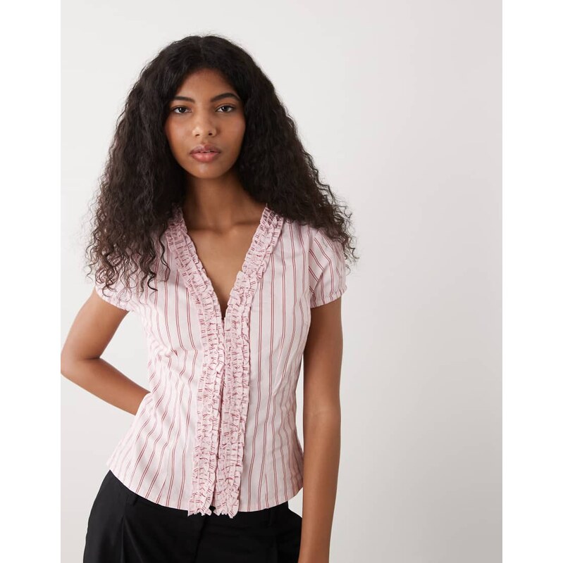 COLLUSION frill detail short sleeve blouse in pink stripe-Blue