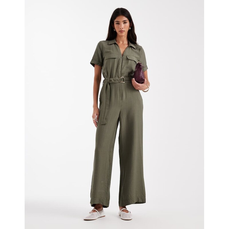 Vero Moda belted waist utility pocket jumpsuit in olive green
