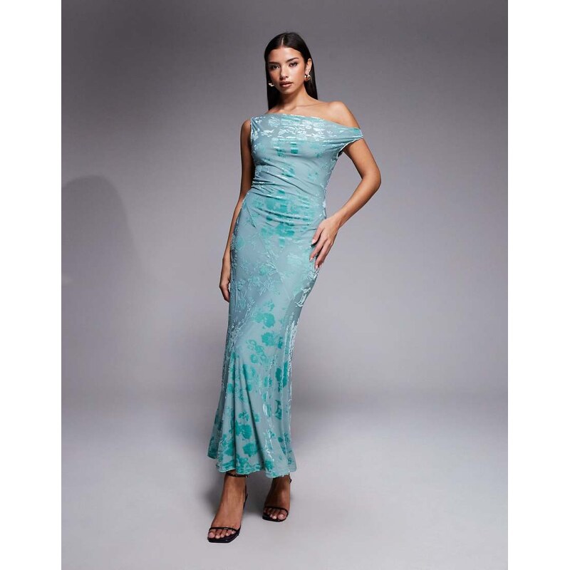 Rare London fallen shoulder burnout floral maxi dress in teal