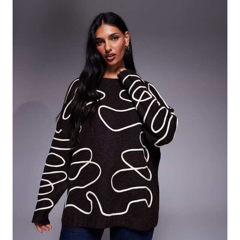 Kaiia exclusive wool feel crew neck abstract stitch jumper in