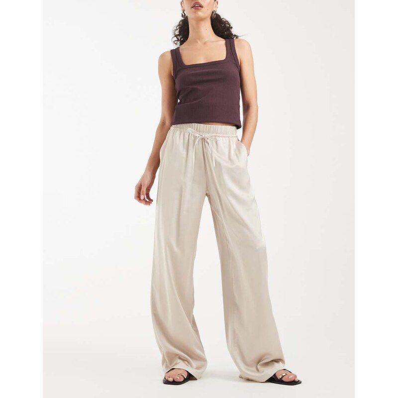 ONLY wide leg satin feel trouser in champagne-Neutral 114374353