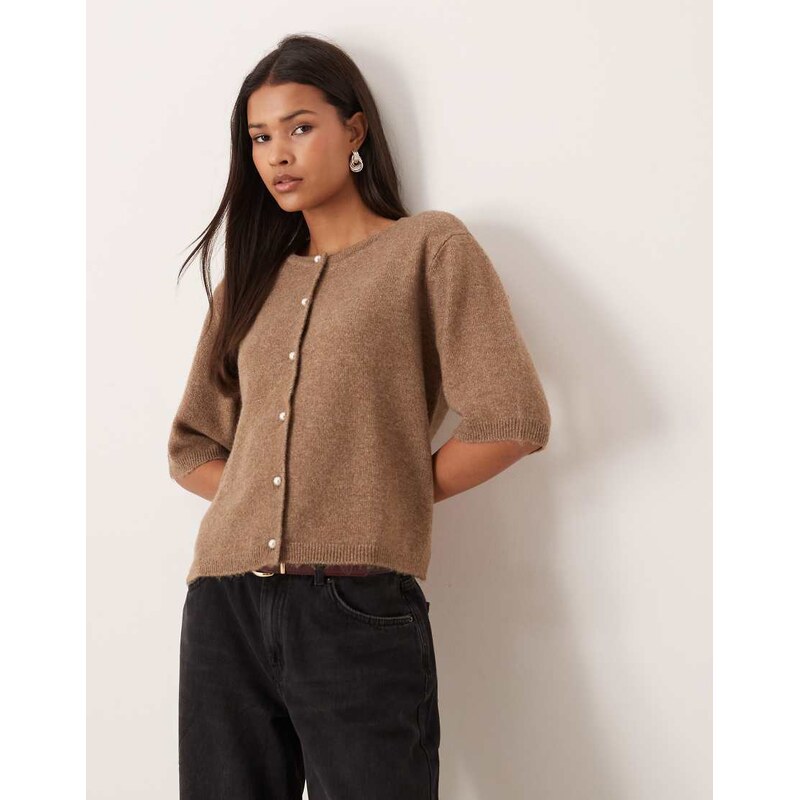 JDY pearl buttons short sleeve cardigan in brown 114798007
