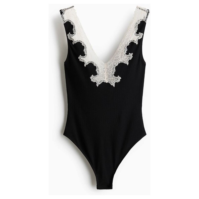 H&M - Bavlněné bodys krajkovými lemy - černá 113119124