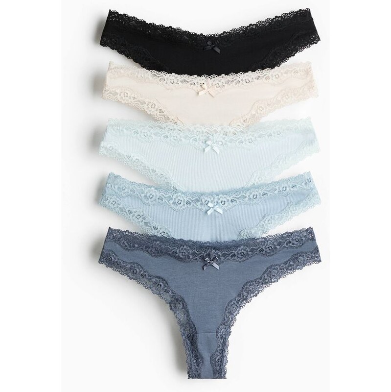 H&M - Kalhotky brazilian z bavlny a krajky 5 kusů - modrá 113119128