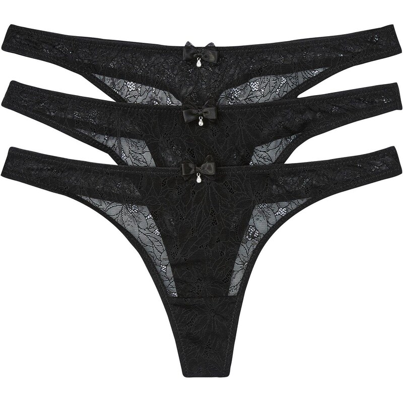 bonprix Tanga z luxusní krajky (3 ks v balení) černá Žena 88181923