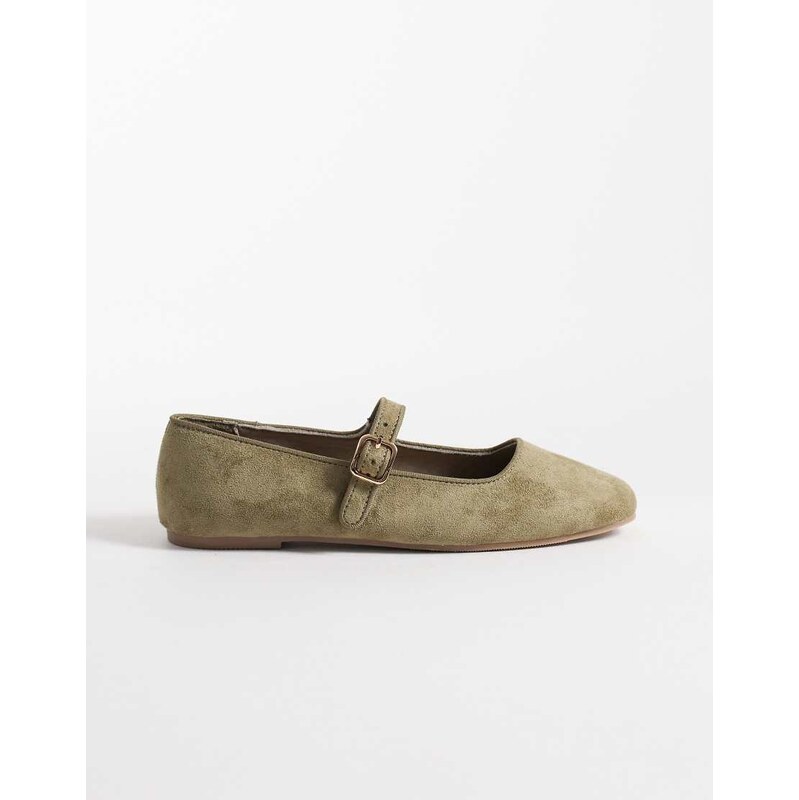 New Look faux suede Mary Jane flat in khaki-Green 115529023