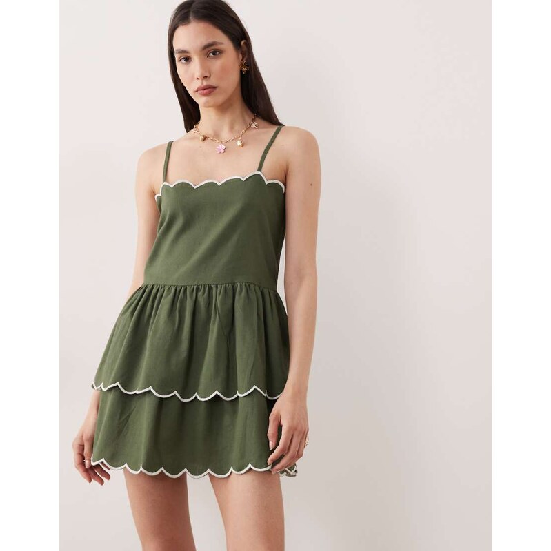 Esmee tiered mini beach dress with cream scallop trim in olive