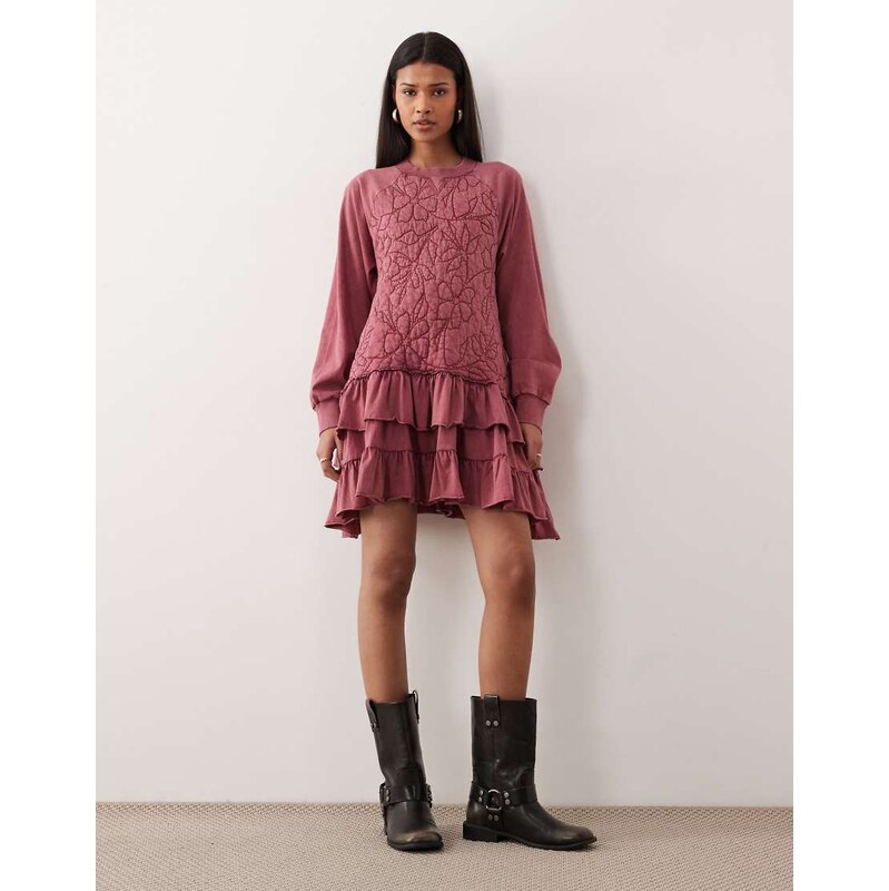 ASOS DESIGN premium quilted sweat mini dress in deep rose-Pink
