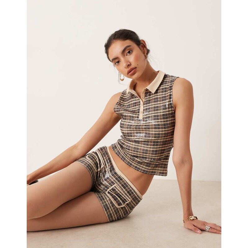 Motel tisuka polo top in vintage style sequin check co-ord-Multi