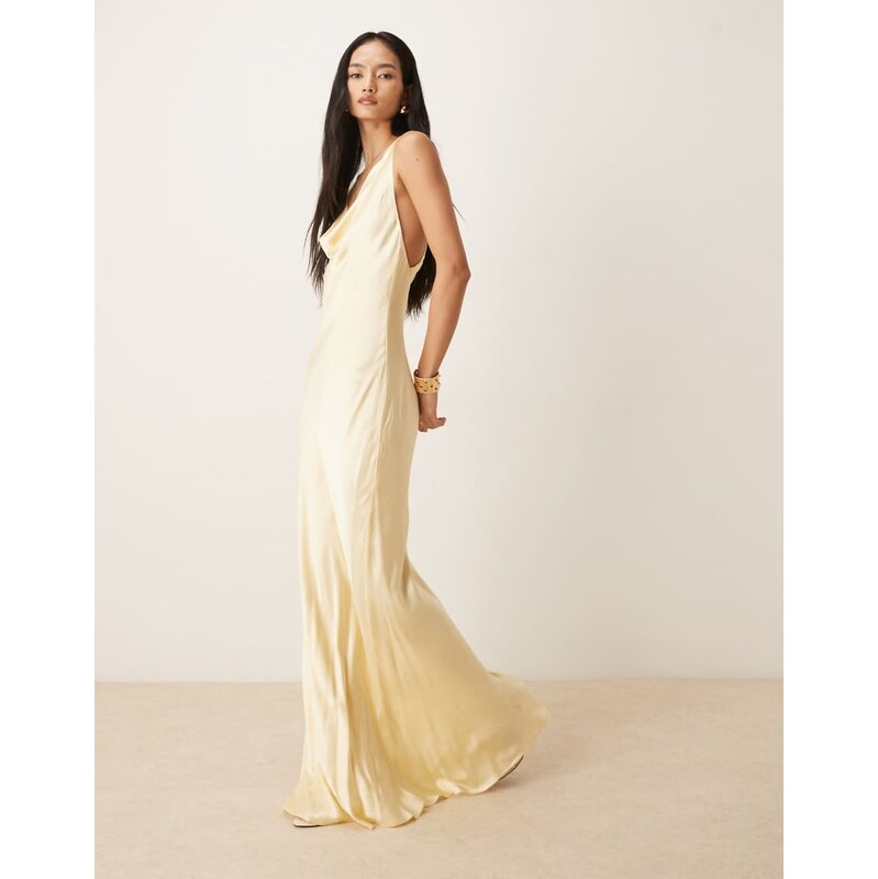 Bardot Anouk cowl neck open cross back thigh split maxi dress in lemon 115531950