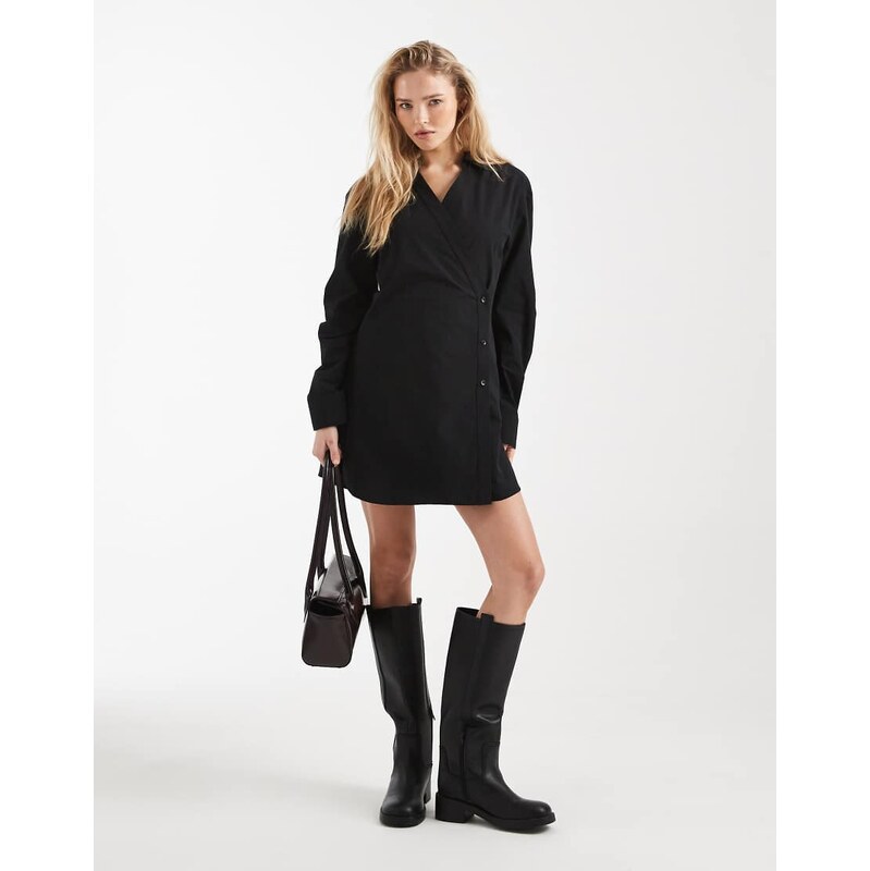 ASOS DESIGN wrap shirt dress with cocoon sleeve in black