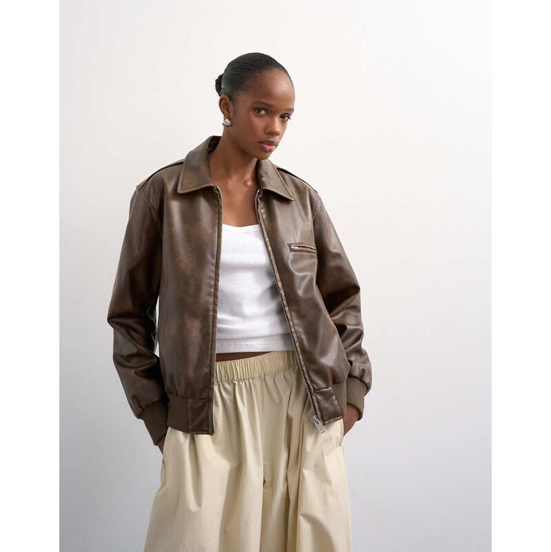 Topshop leather look centre front zip through jacket in brown 113271746