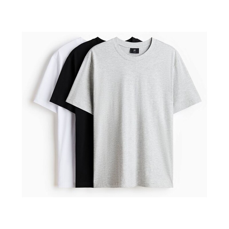 H&M - Tričko Regular Fit 3 kusy - Šedý Melír/Černá/Bílá