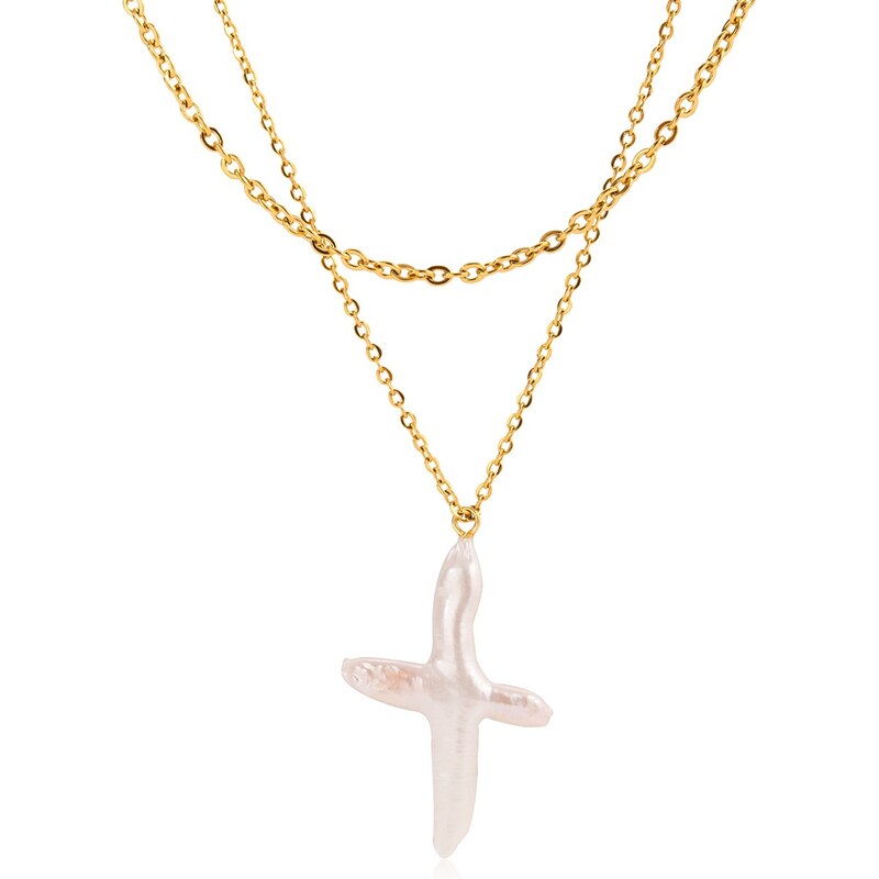 ELENYS Pearl Cross – pozlacený náhrdelník 18K žluté zlato