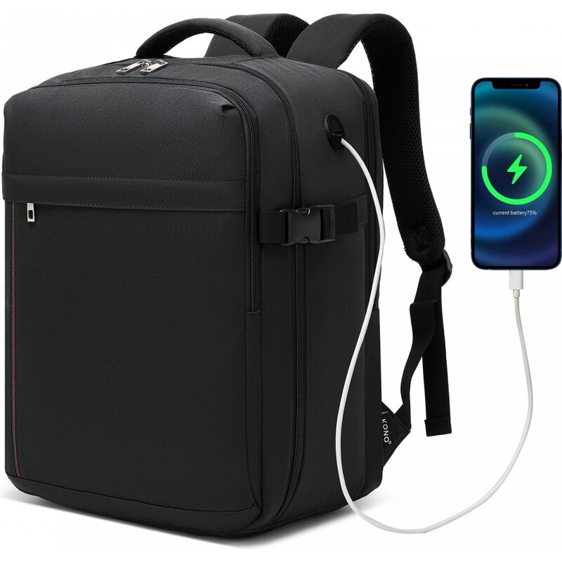 Konofactory Černý lehký batoh do letadla s USB otvorem