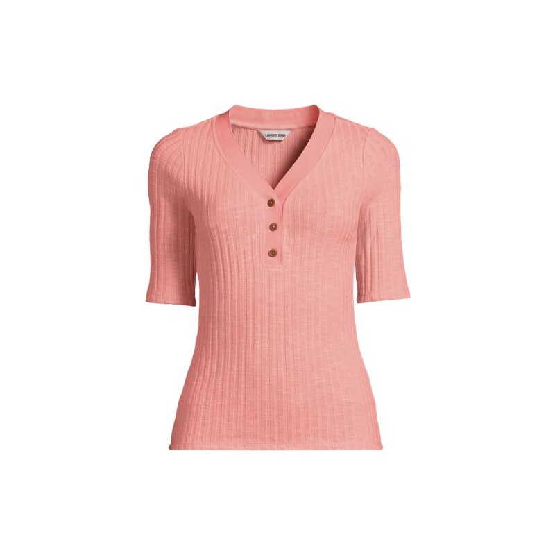 Elbow Sleeve Rib Knit Henley Top, Women, size: 14-16, regular, Pink, 115230902