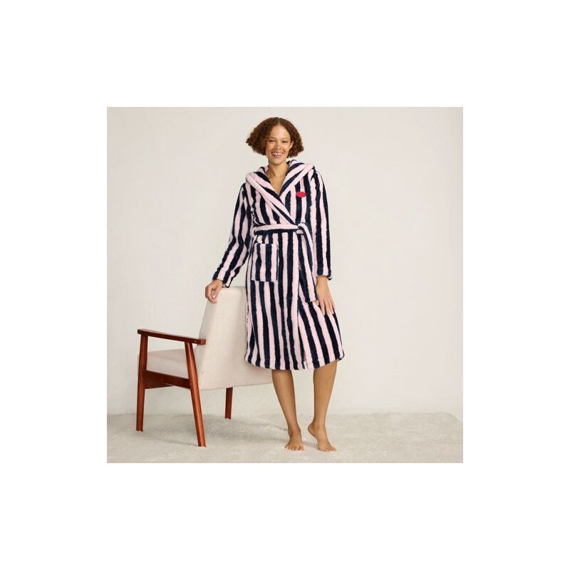 Lands End Lulu Guinness Striped Fleece Dressing Gown, Women,