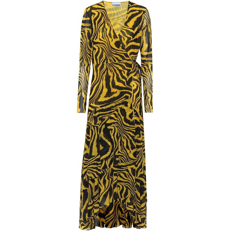 Ganni Animal-print mesh wrap dress