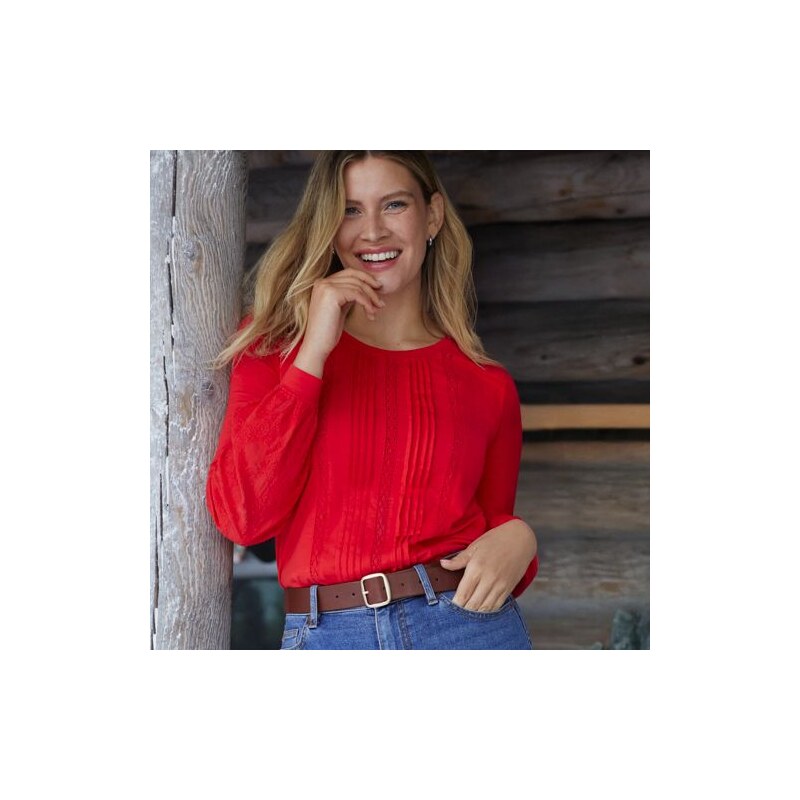 Cotton Modal Lace Pintuck Blouse, Women, size: 10-12, petite, Red, 113494035