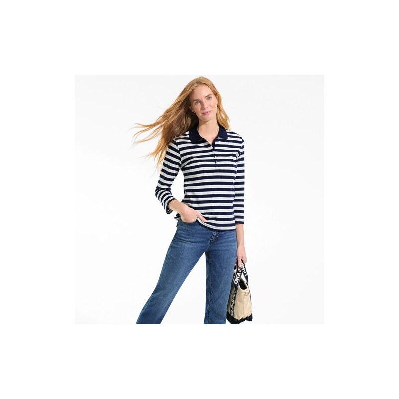 Three-Quarter Sleeve Supima Polo Shirt, Women, size: L, petite, Blue, 115198793