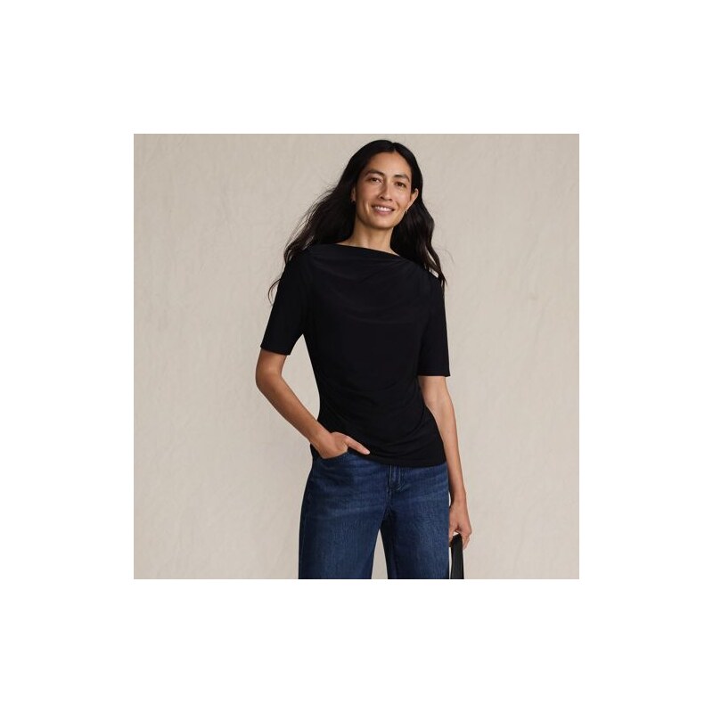 Silky Knit Elbow Sleeve Side Ruched Top, Women, size: XL,