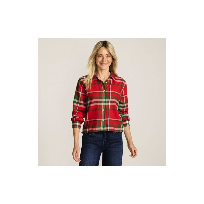 Cropped Flannel Shirt, Women, size: M, petite, Red, Cotton, by