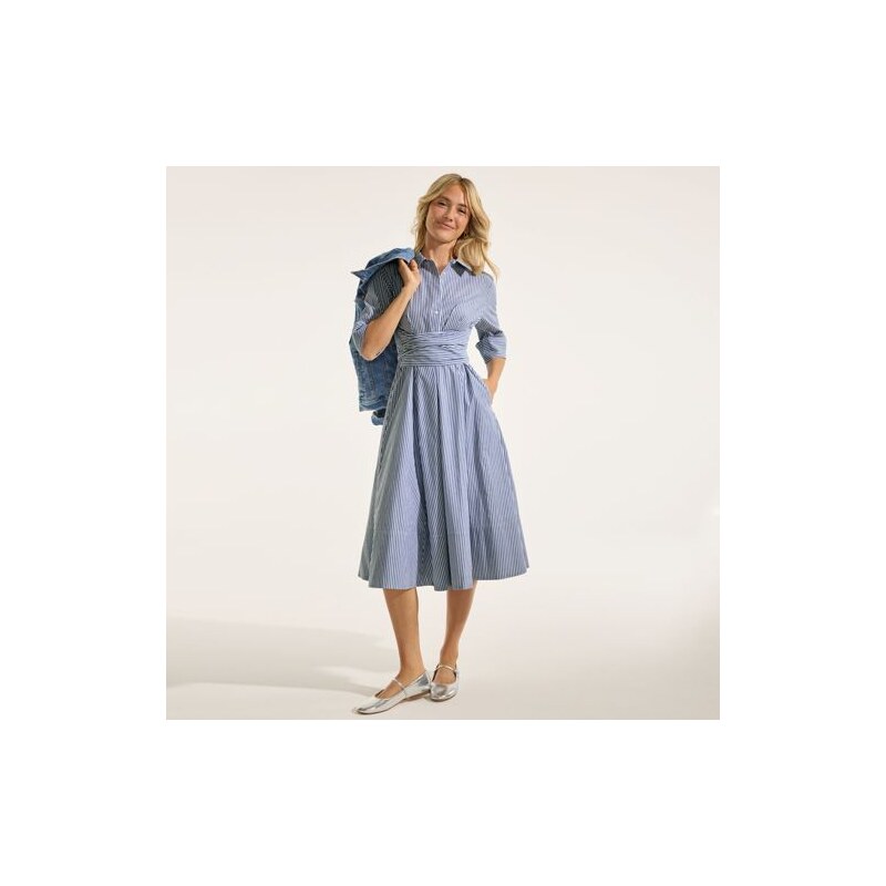 Cotton Poplin Wrap Front Midi Dress, Women, size: 14-16, petite, Blue, 115199226