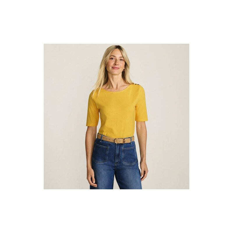 Single Knit Supima Boatneck Button Shoulder Tee, Women, size: L, 113559420