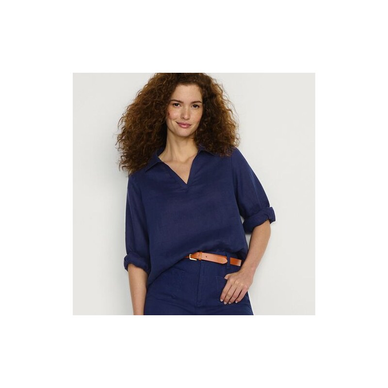 Long Sleeve Linen Split Neck Shirt, Women, size: 10-12, regular, Blue, 115261559