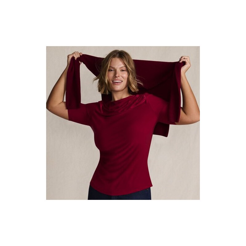 Silky Knit Elbow Sleeve Side Ruched Top, Women, size: 20-22, plus, Red 113265354