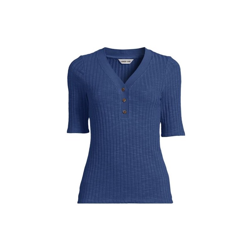Elbow Sleeve Rib Knit Henley Top, Women, size: 14-16, regular, Blue, 115377660