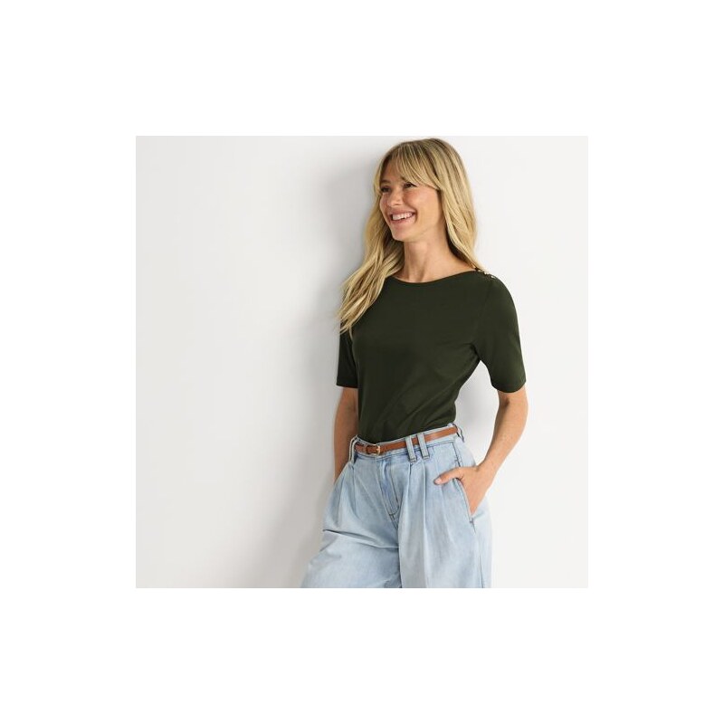 Single Knit Supima Boatneck Button Shoulder Tee, Women, size: 8, 114715056