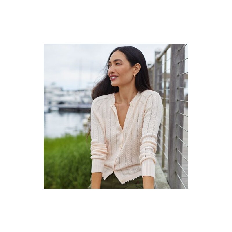 Cotton Pointelle Satin Neck Trim Cardigan, Women, size: M,