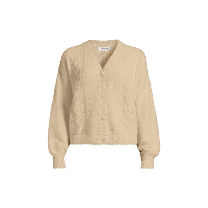 Fuzzy Eyelash Cable Cardigan, Women, size: M, petite, Ivory,