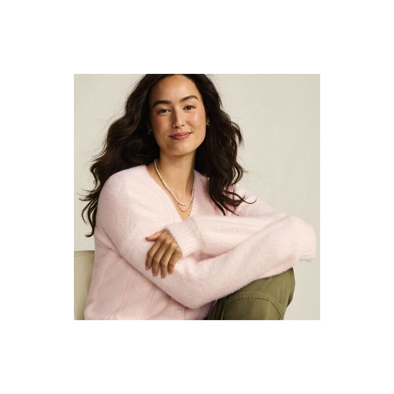 Fuzzy Eyelash Cable Cardigan, Women, size: L, petite, Pink,