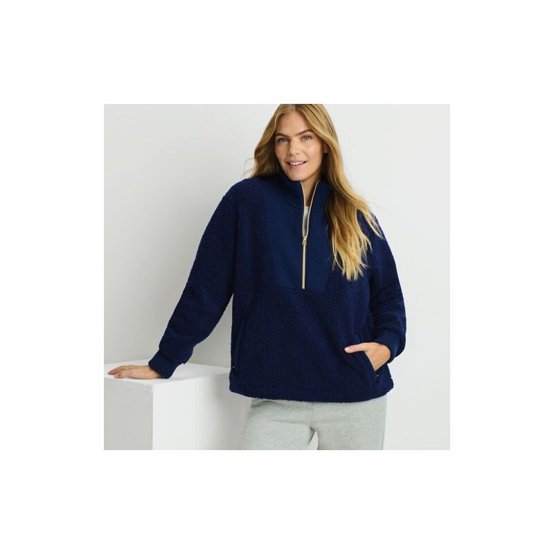 Sherpa Fleece Ribbed Zip Collar Top, Women, size: L, regular,