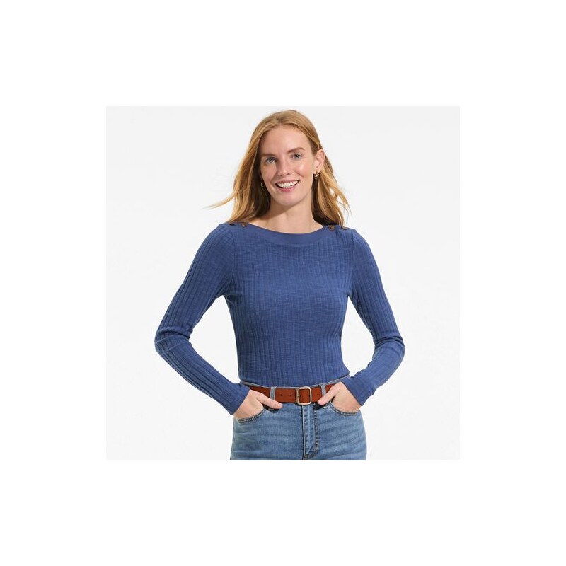 Long Sleeve Rib Knit Boatneck Top, Women, size: M, regular, Blue