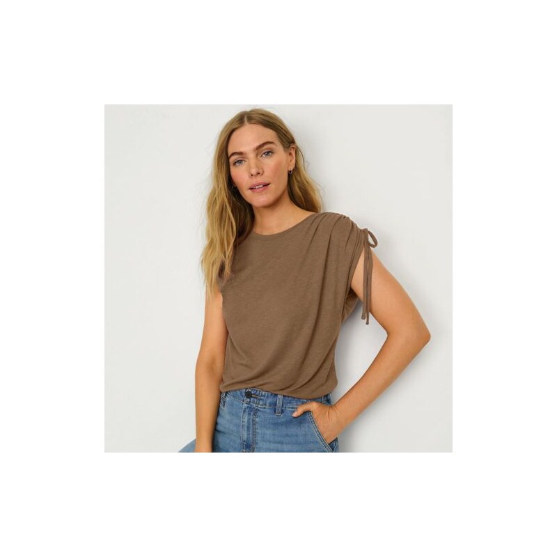 Linen Blend Ruched Sleeve Top, Women, size: L, petite, Brown,
