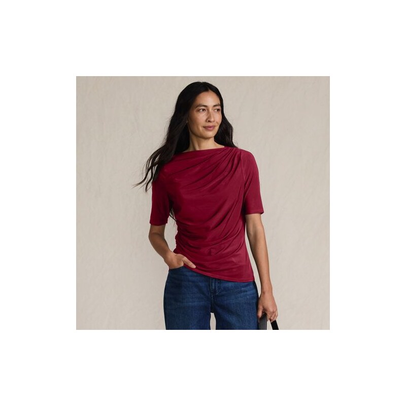 Silky Knit Elbow Sleeve Side Ruched Top, Women, size: L, regular