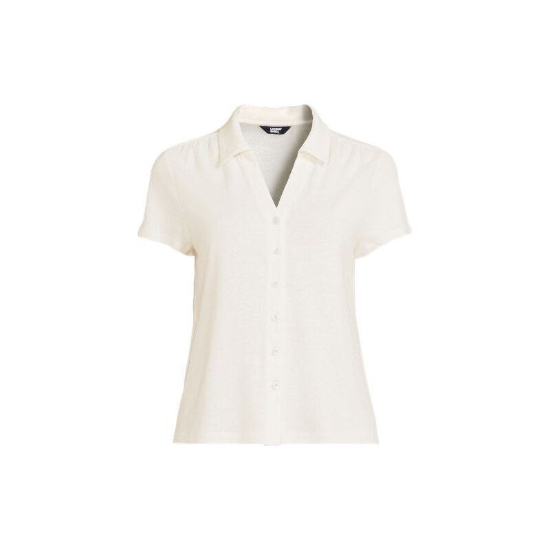Soft Drape Linen Blend Button Front Polo, Women, size: 1X, plus,