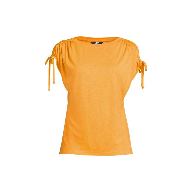 Linen Blend Ruched Sleeve Top, Women, size: M, petite, Orange,