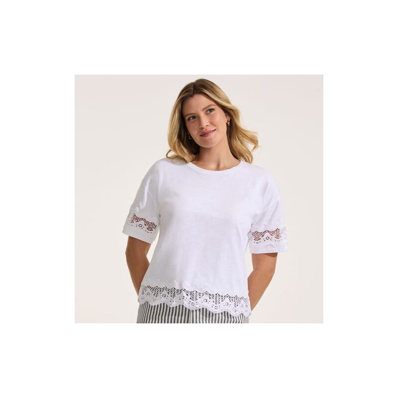 Trimmed Pure Slub Cotton Top, Women, size: S, regular, White,