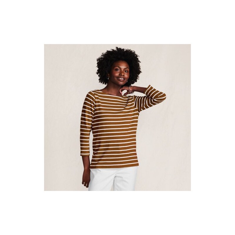 Striped Three Quarter Sleeve Boatneck Cotton Top, Women, size: 8, 114957413