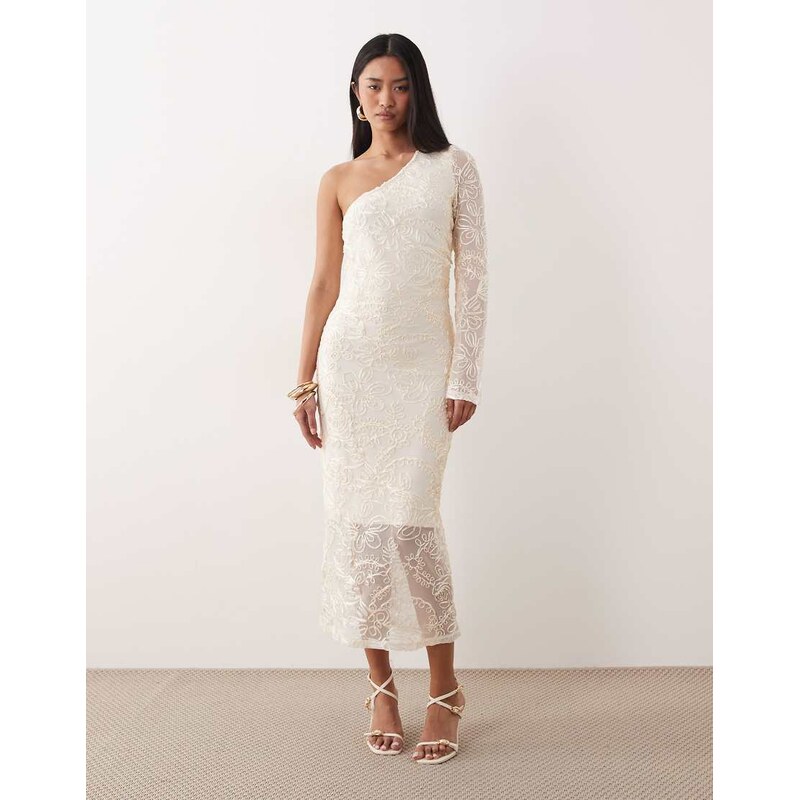 YAS one shoulder maxi dress with satin embroidery in gardenia