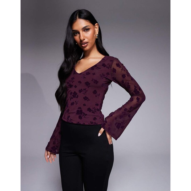 ASOS DESIGN flock mesh top with flared sleeve in fig-Purple