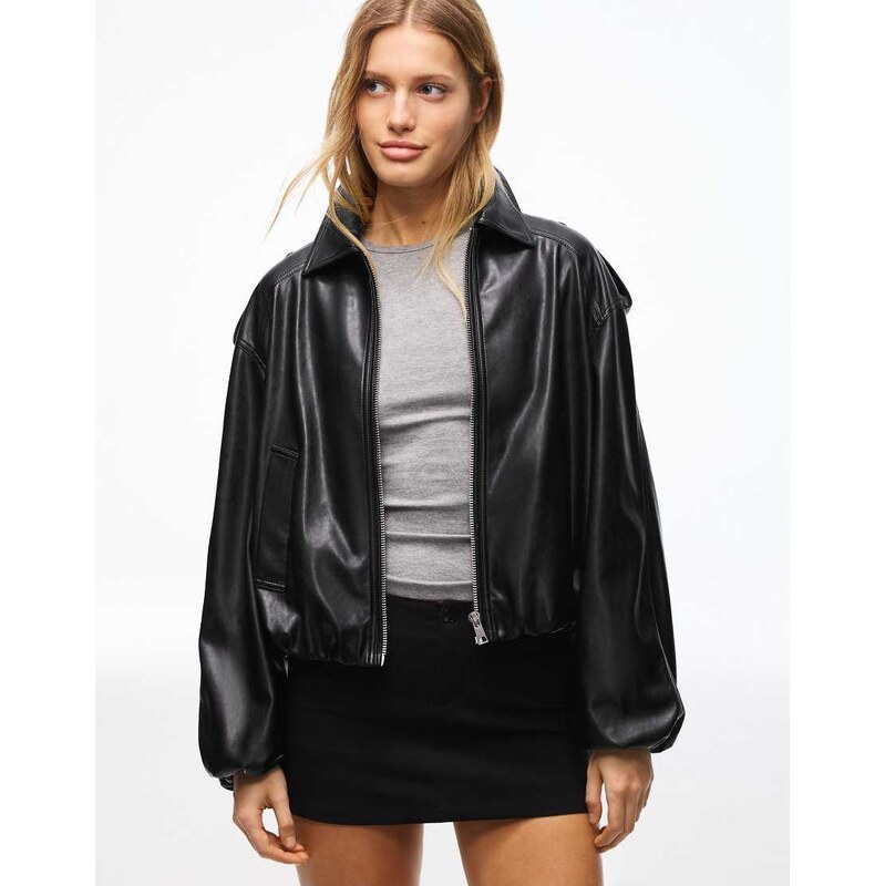 Bershka Leather effect balloon jacket in black